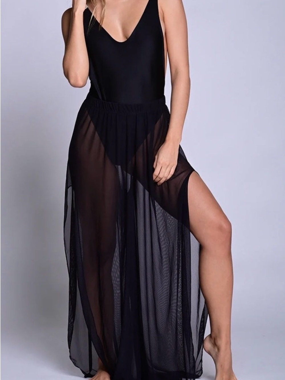 Open Edit Black Small Dress - solid, bodice sheer skirt